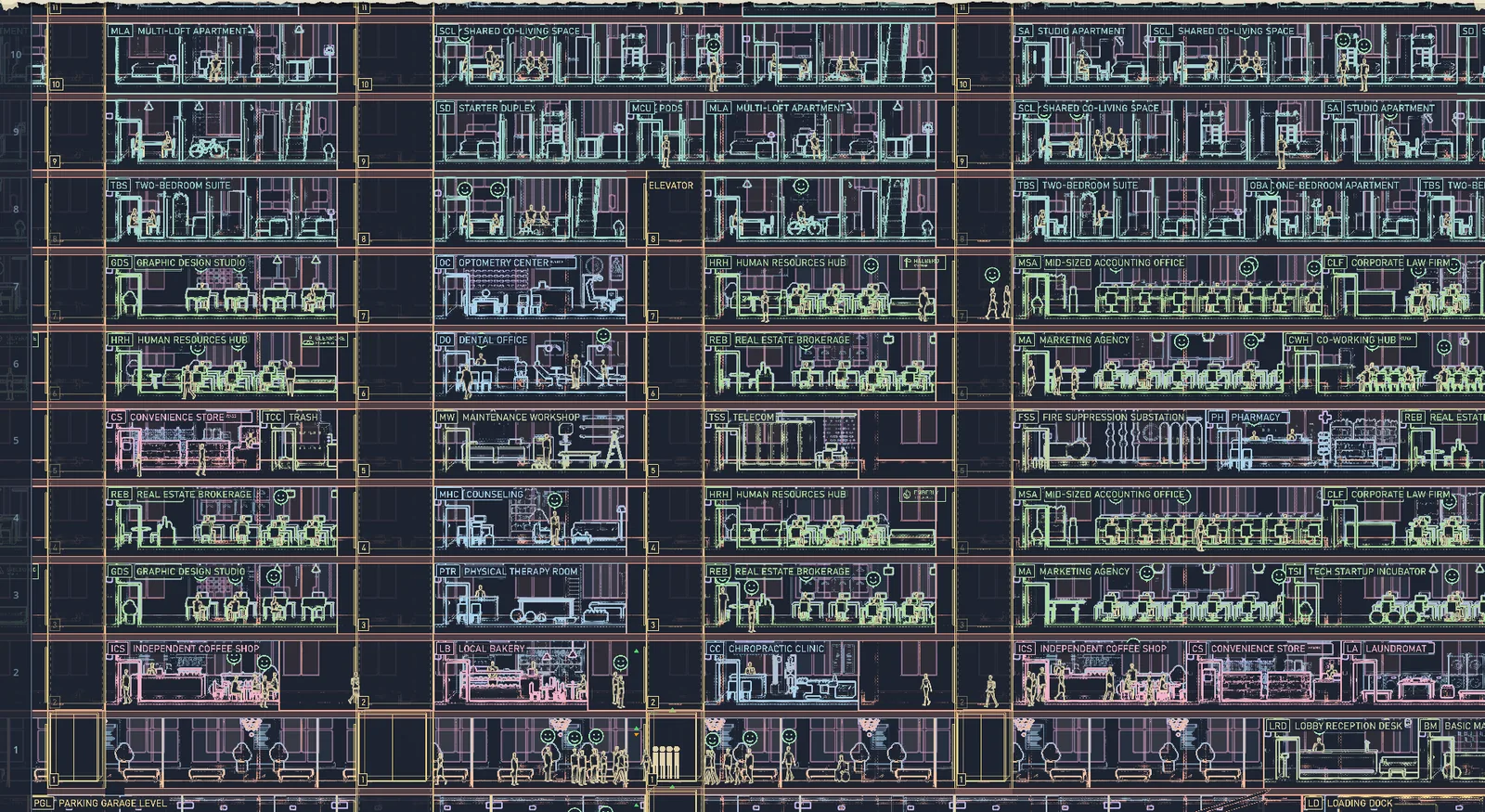 The same floors in CAD: a technical drawing on a dark sheet, colored by layer.