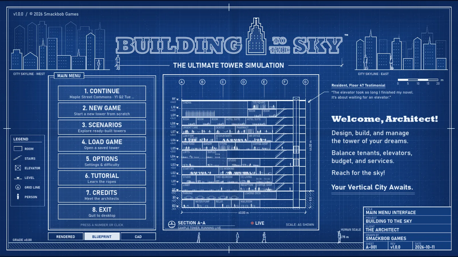 The main menu as a blueprint, laid out like a drawing sheet with a title block.