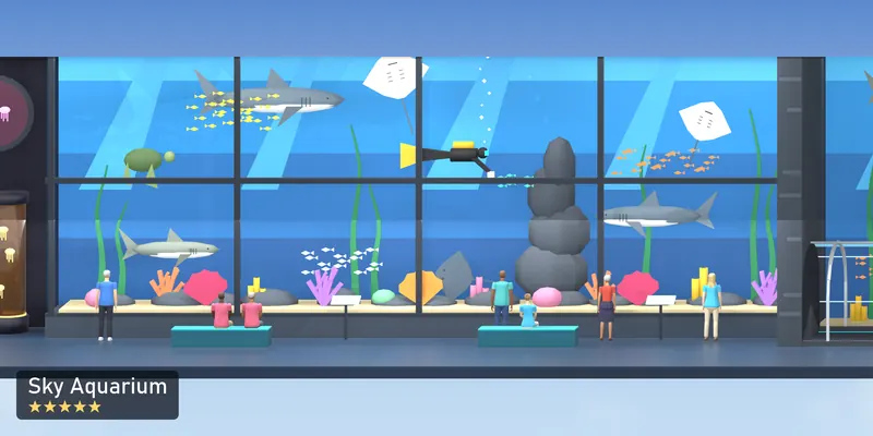 Sky Aquarium, side on, as the 2D tower draws it, with the people who use it
