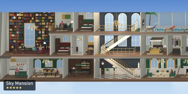 Sky Mansion, side on, as the 2D tower draws it, with the people who use it