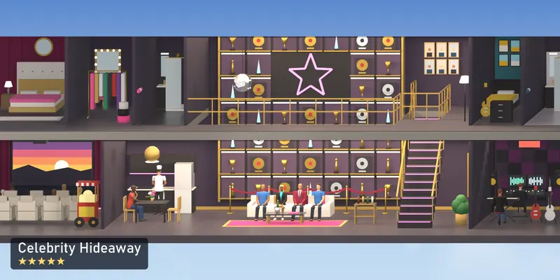 Celebrity Hideaway, side on, as the 2D tower draws it, with the people who use it