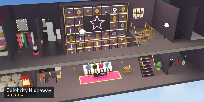 Celebrity Hideaway, a 5-star room, as a scale model of its 3D room, with the people who use it