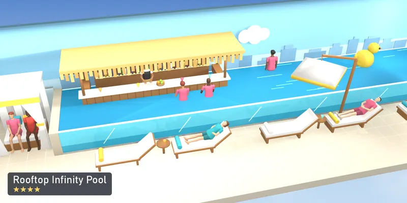 Rooftop Infinity Pool, a 4-star room, as a scale model of its 3D room, with the people who use it