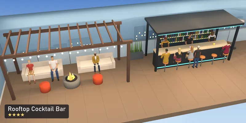 Rooftop Cocktail Bar, a 4-star room, as a scale model of its 3D room, with the people who use it