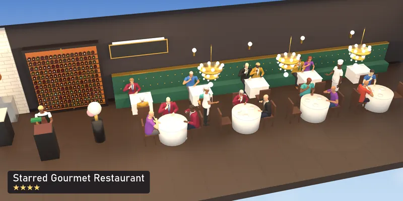 Starred Gourmet Restaurant, a 4-star room, as a scale model of its 3D room, with the people who use it
