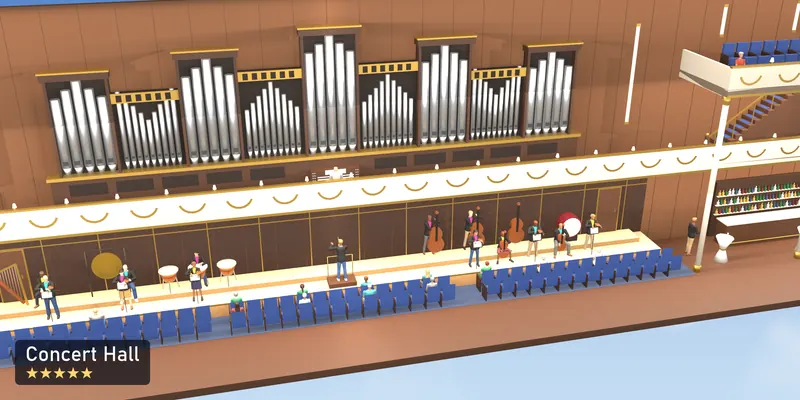 Concert Hall, a 5-star room, as a scale model of its 3D room, with the people who use it