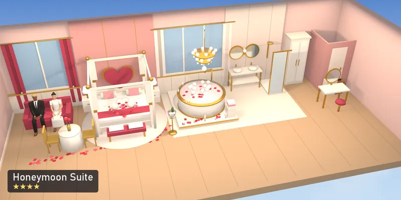 Honeymoon Suite, a 4-star room, as a scale model of its 3D room, with the people who use it