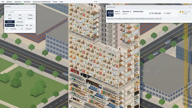 The rendered 3D tower in the Section view, cut away to show every floor.