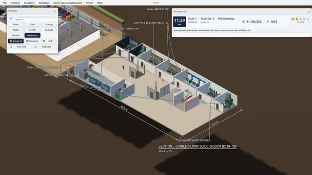 A basement level slid out of the 3D tower, drawn with its dimensions.